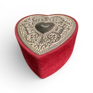 Vintage Heart-Shaped Red Velvet Box Trinkets Jewelry Ornate Silver Plated Lid
